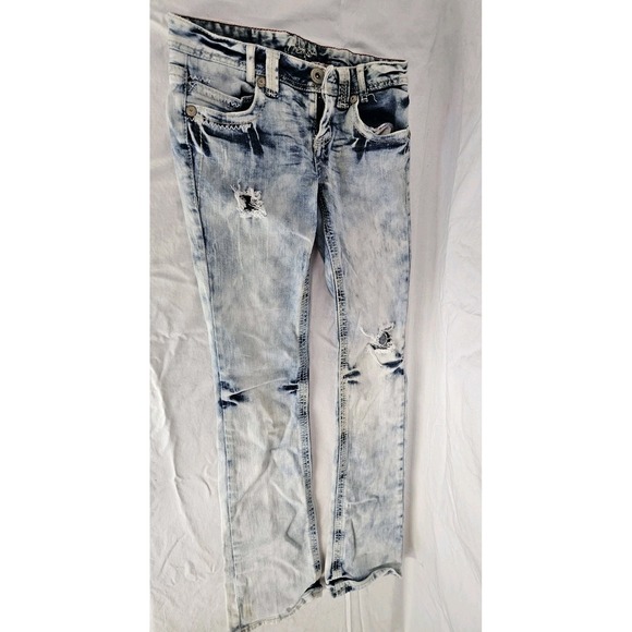 Amethyst Jeans Denim - Y2K Amethyst Jeans 3 Stonewash Blue Distressed Wisker Low Rise Straight Leg